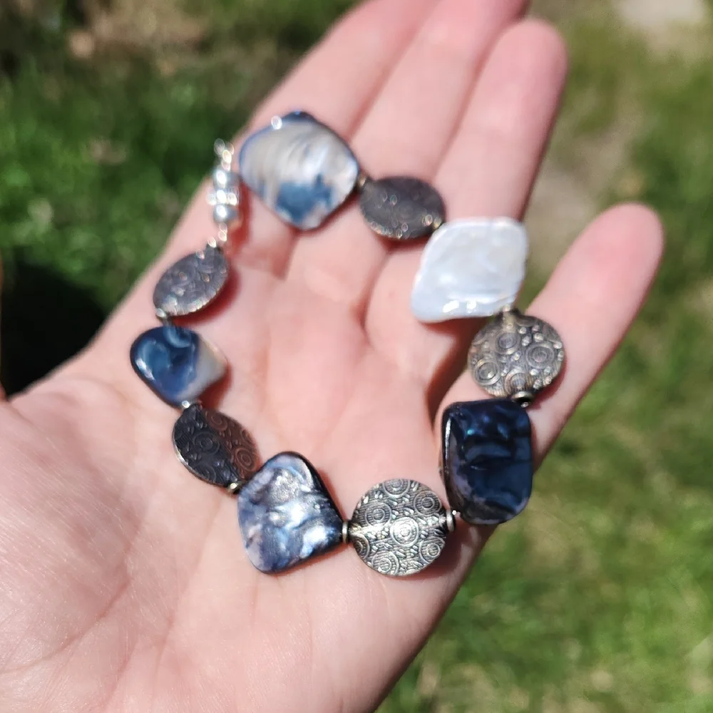Handmade Oyster Shell & Embossed Spheres Bracelet  Size 7-8